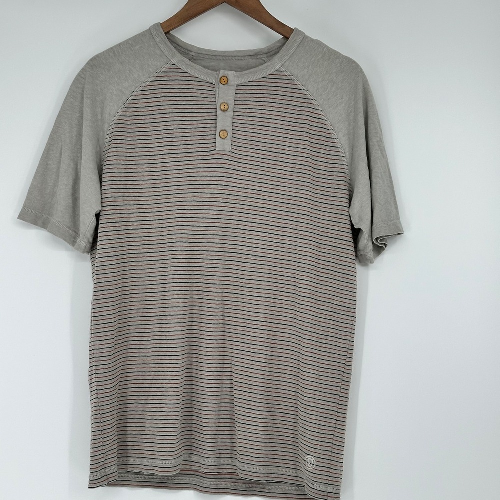 Gramicci Mens Earthy Hemp Organic Cotton Striped Henley‎ Shirt Grey Raglan M
